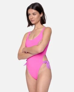 Solid Reversible Tie Side Cheeky One Piece -Hurley ho1124 violet electric pink 5
